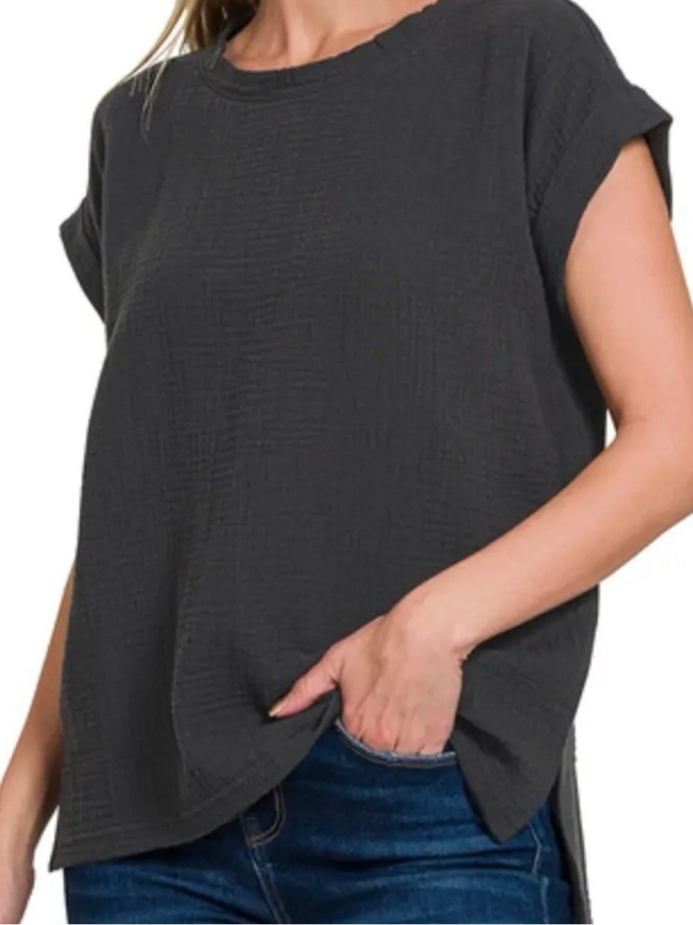 Zenana Gauze Relaxed Short Sleeve Crewneck Top - Charcoal
